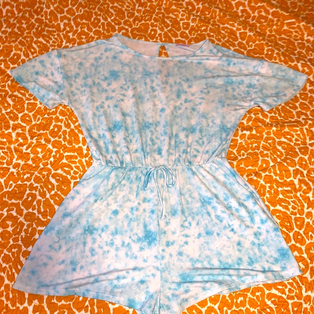 Blue and white tie-dyed romper